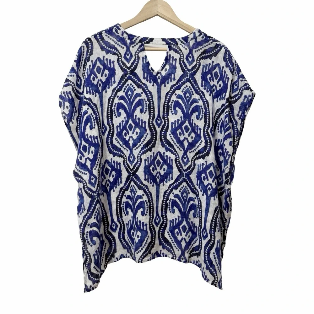 Chicos Womens 100% Linen Ikat Poncho Size S/M Blue Beach Resort Swim Cover Up